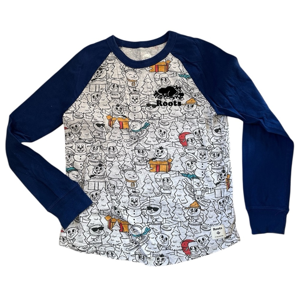 ROOTS Kids Winter Buddy Print Long Sleeve Tee - Blue and White